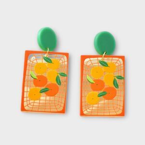 Quirky Orange Green Acrylic Dangle Earrings Fruit Basket Design NEW